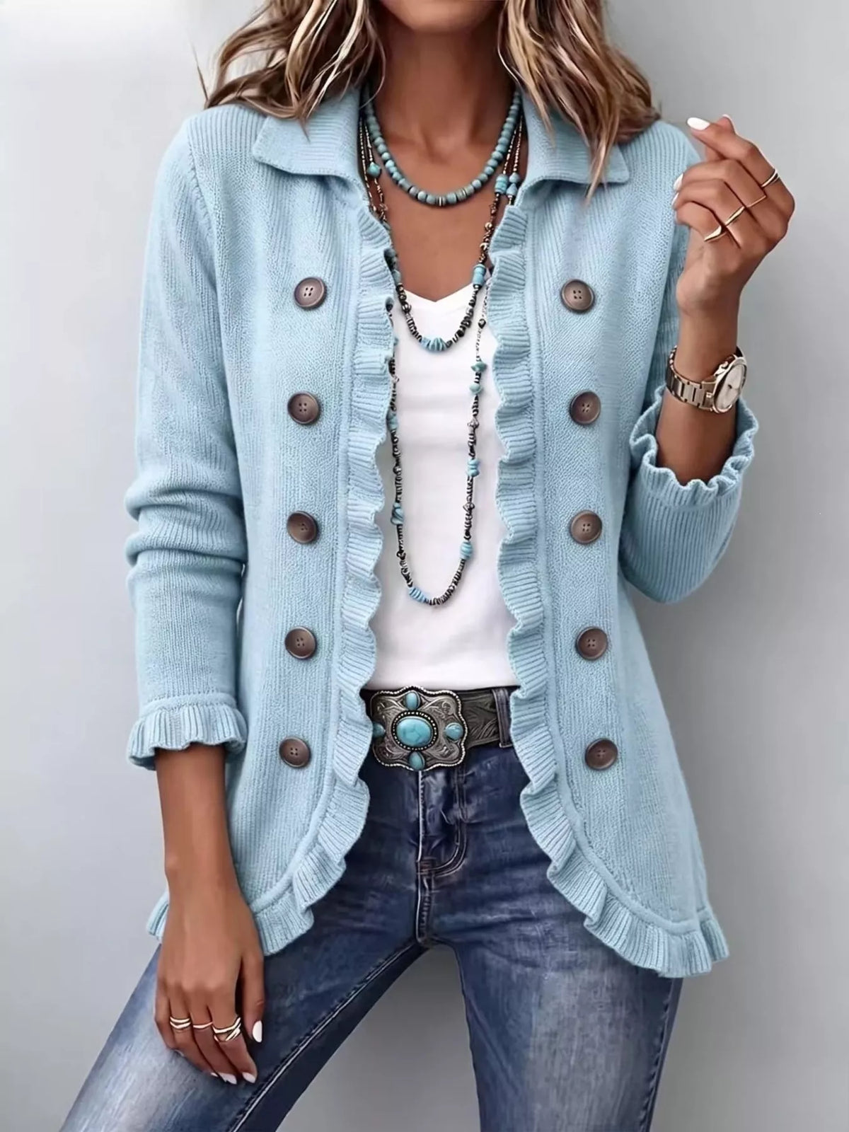 P|H - Ruffle Trim Button Cardigan for Women Gloria