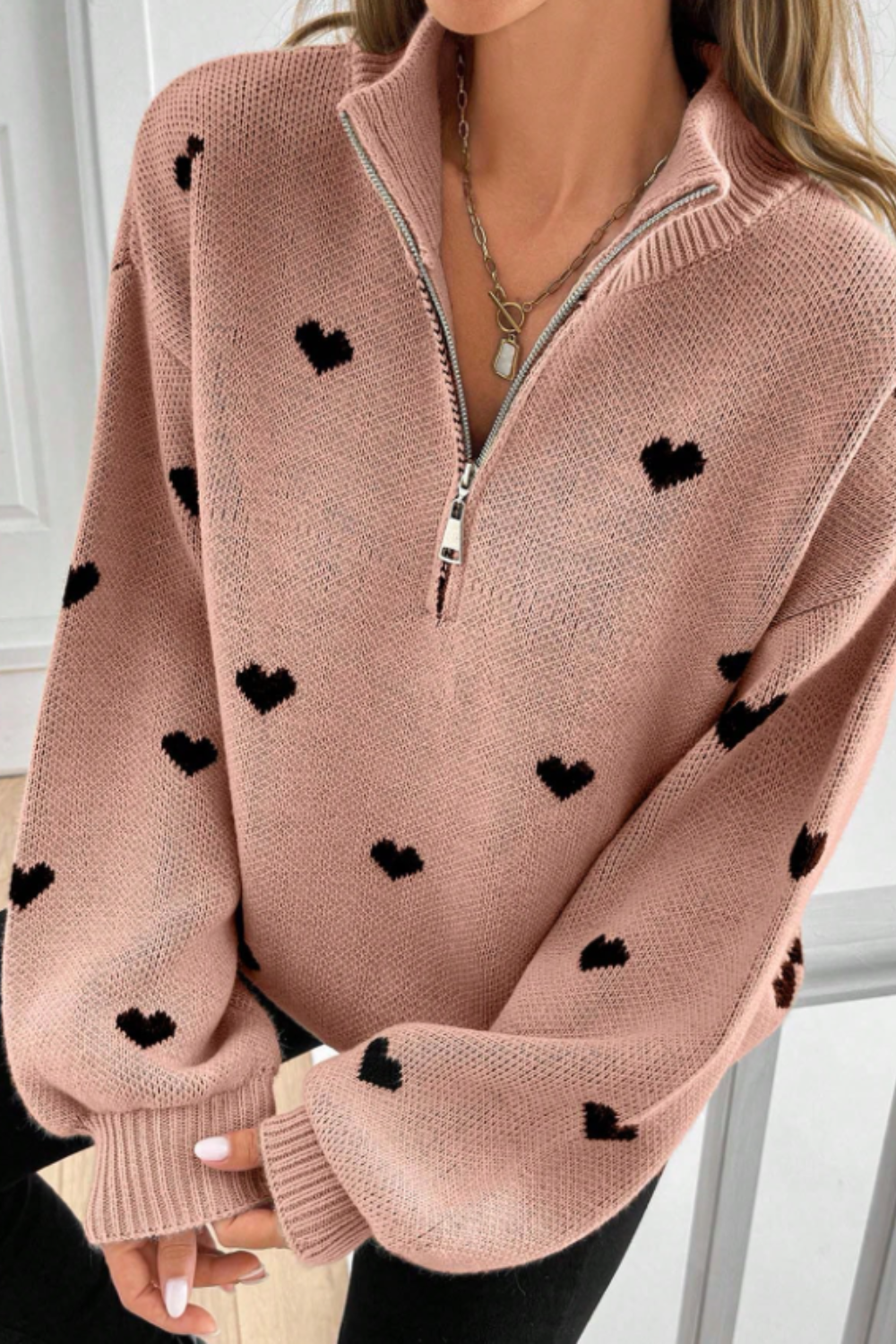 P|H - Heart Print Half-Zip Sweater for Women Brenda