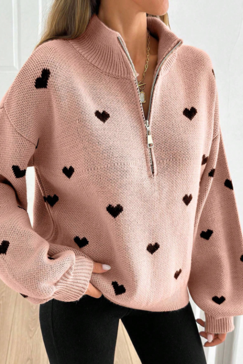 P|H - Heart Print Half-Zip Sweater for Women Brenda