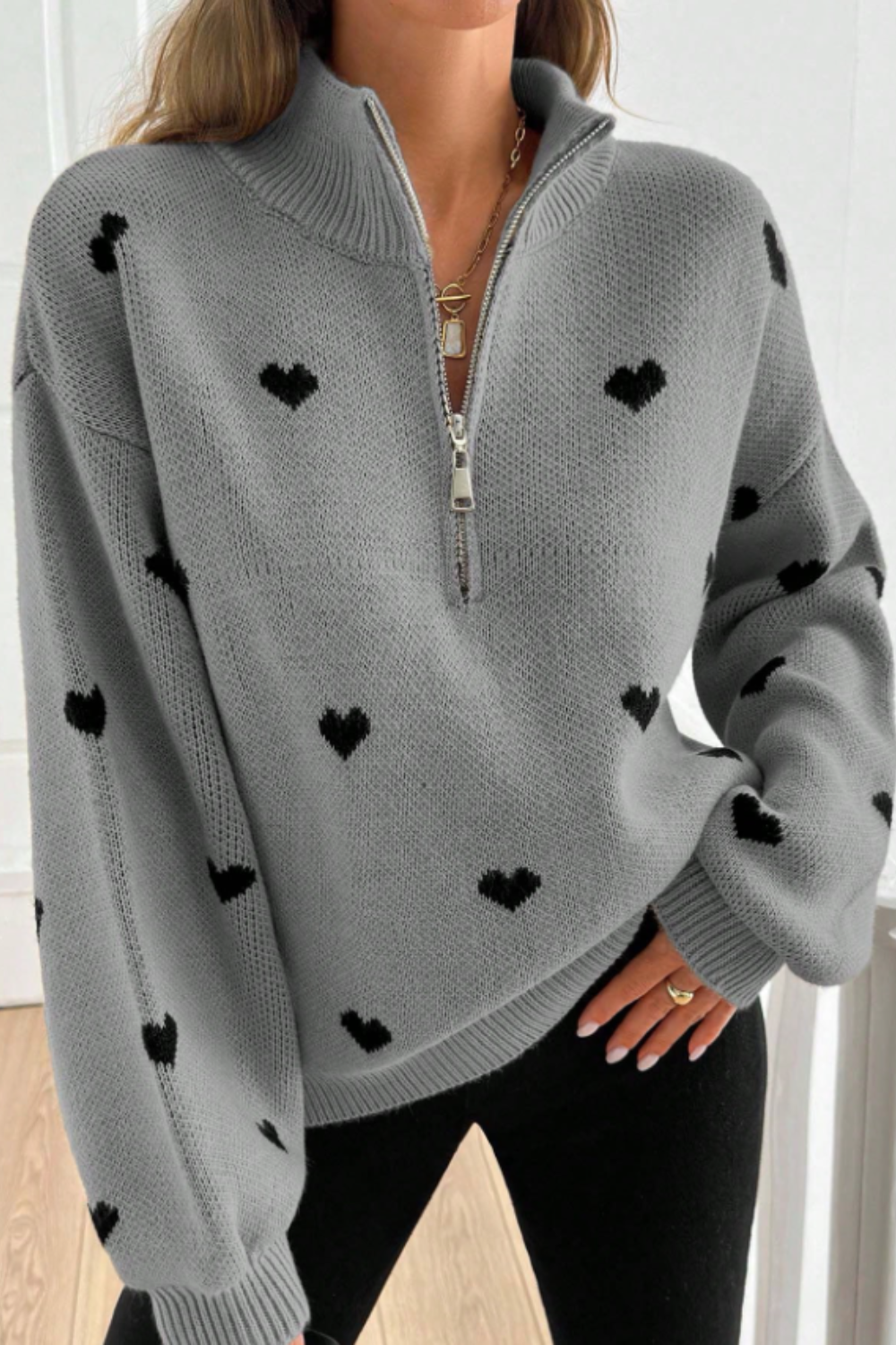 P|H - Heart Print Half-Zip Sweater for Women Brenda