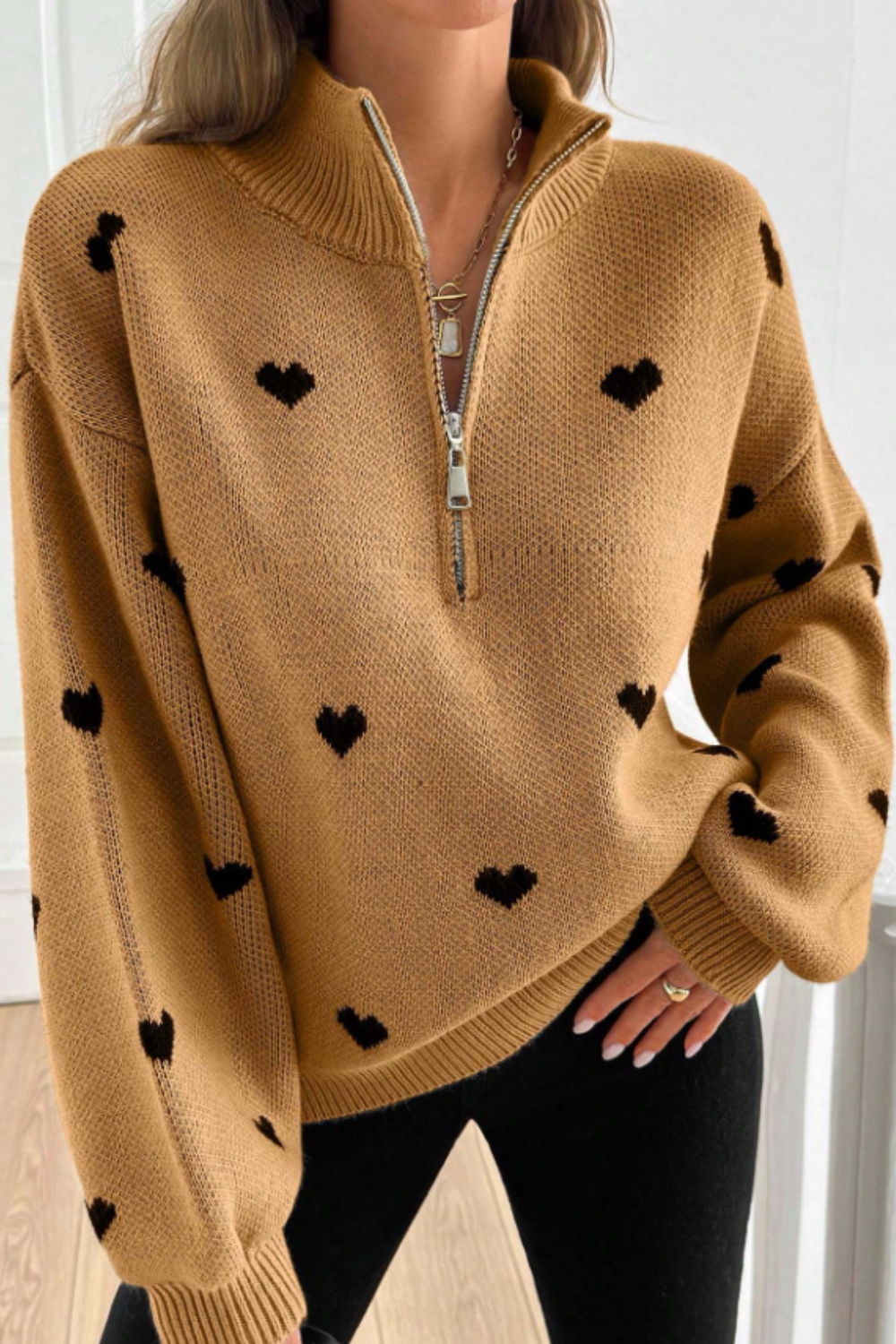 P|H - Heart Print Half-Zip Sweater for Women Brenda