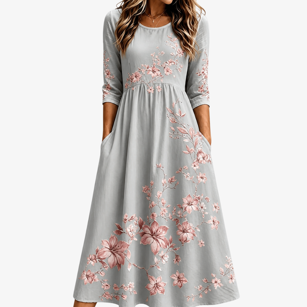 P|H - Soft Gray Floral Midi Dress Dorothy