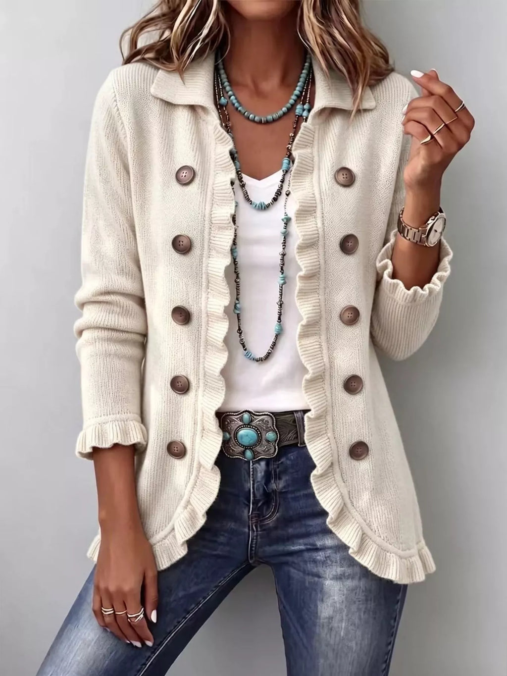 P|H - Ruffle Trim Button Cardigan for Women Gloria
