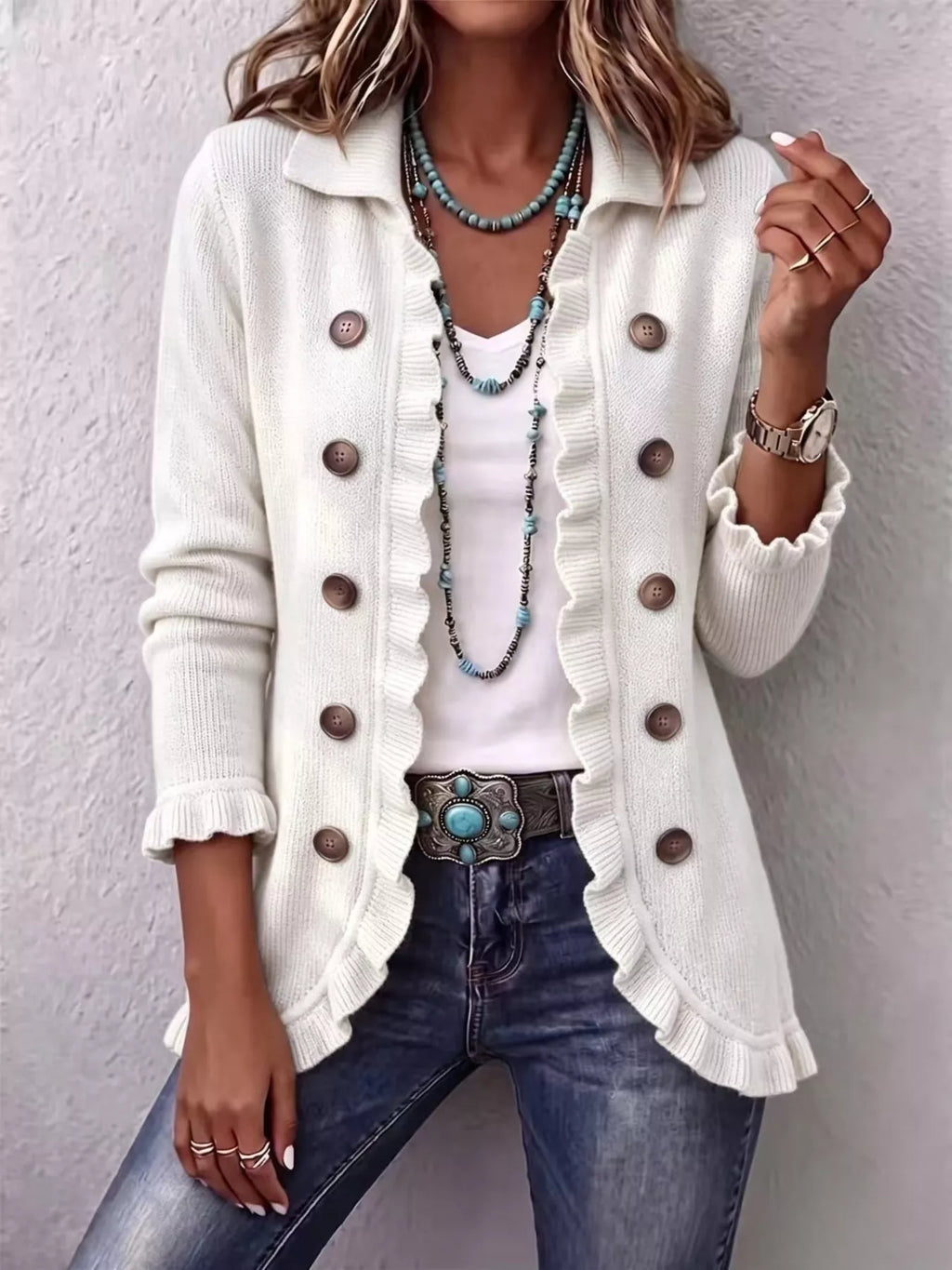 P|H - Ruffle Trim Button Cardigan for Women Gloria