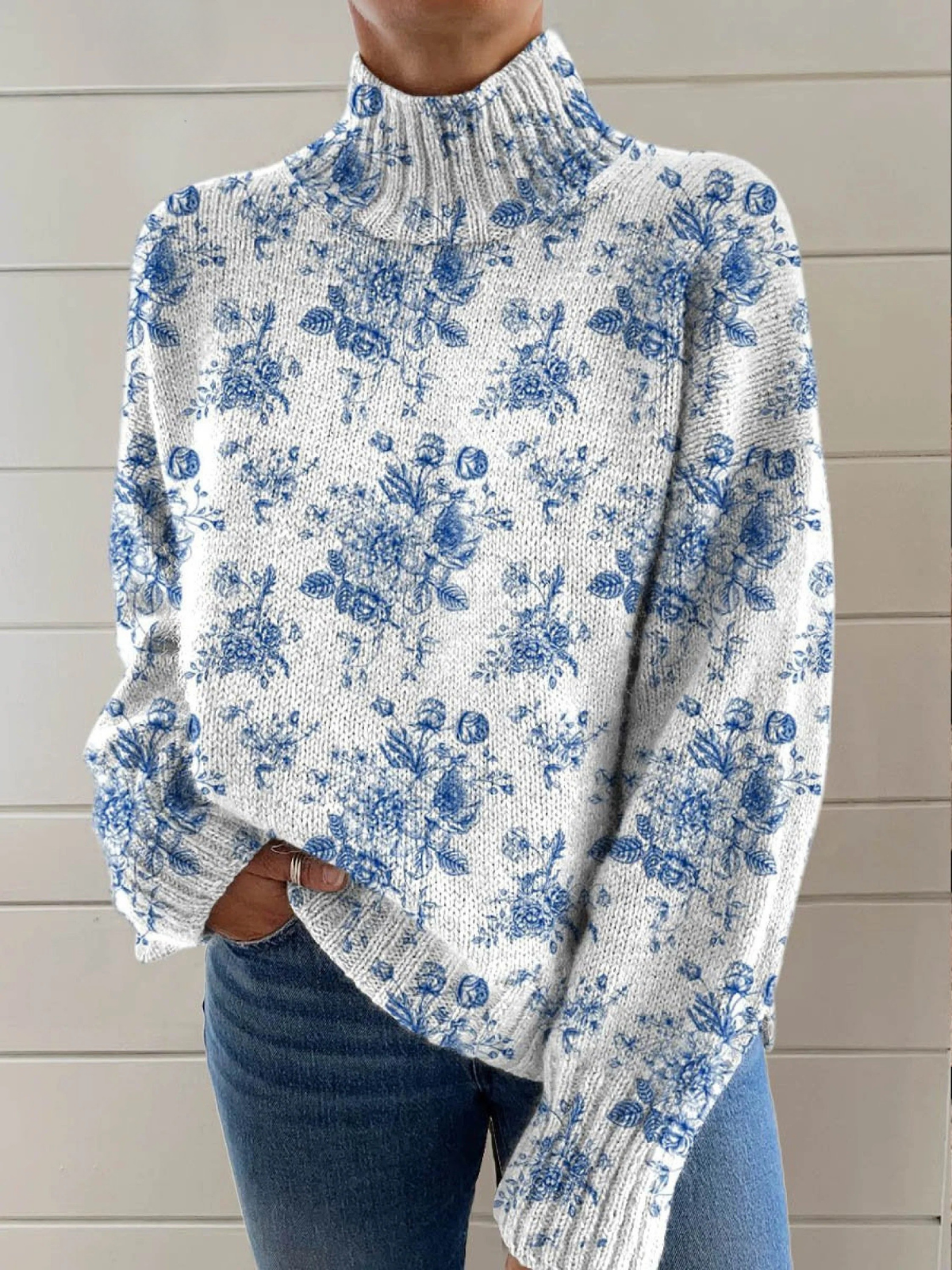 P|H - Blue Toile Knit Turtleneck Catherine