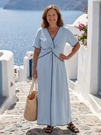 P|H - Short Sleeve V-Neck Twist Detail Midi Dress Eirene