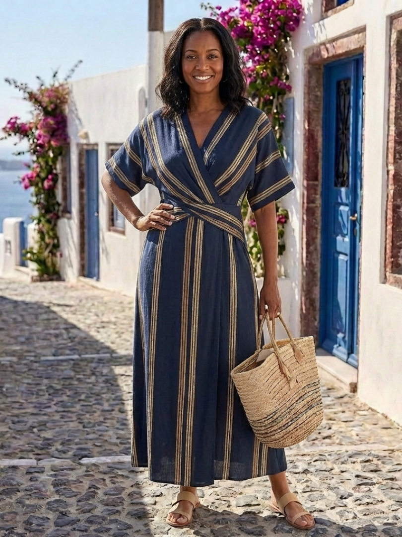 P|H - Striped Crossover V-Neck Short Sleeve Midi Dress Saphira
