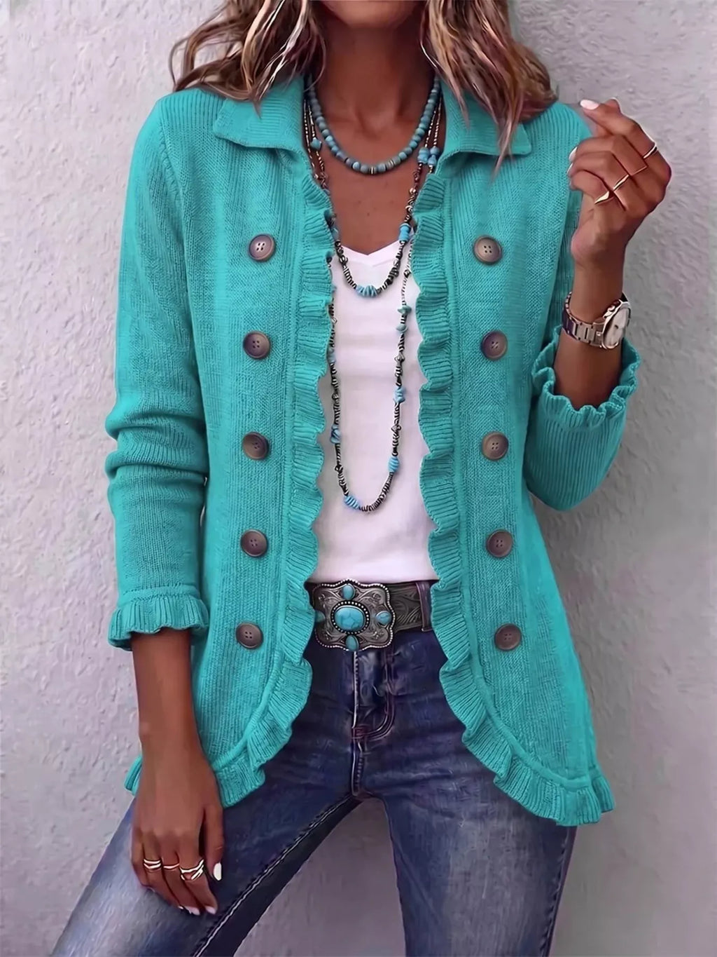 P|H - Ruffle Trim Button Cardigan for Women Gloria