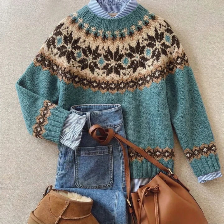 P|H - Teal Floral Yoke Knit Sweater Evelyn