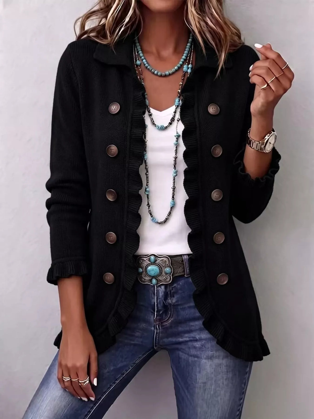 P|H - Ruffle Trim Button Cardigan for Women Gloria