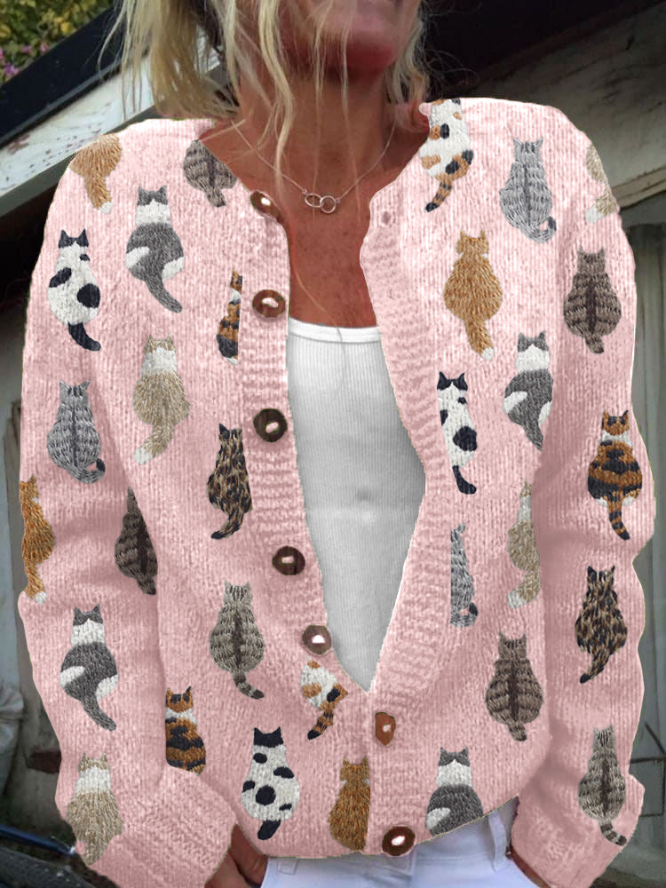 P|H - Cozy Cat Print Cardigan Rose