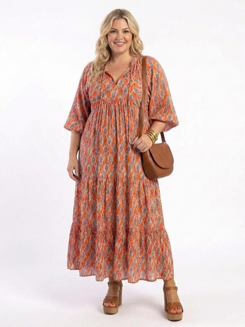 P|H - Geometric Beige Midi Dress Amara