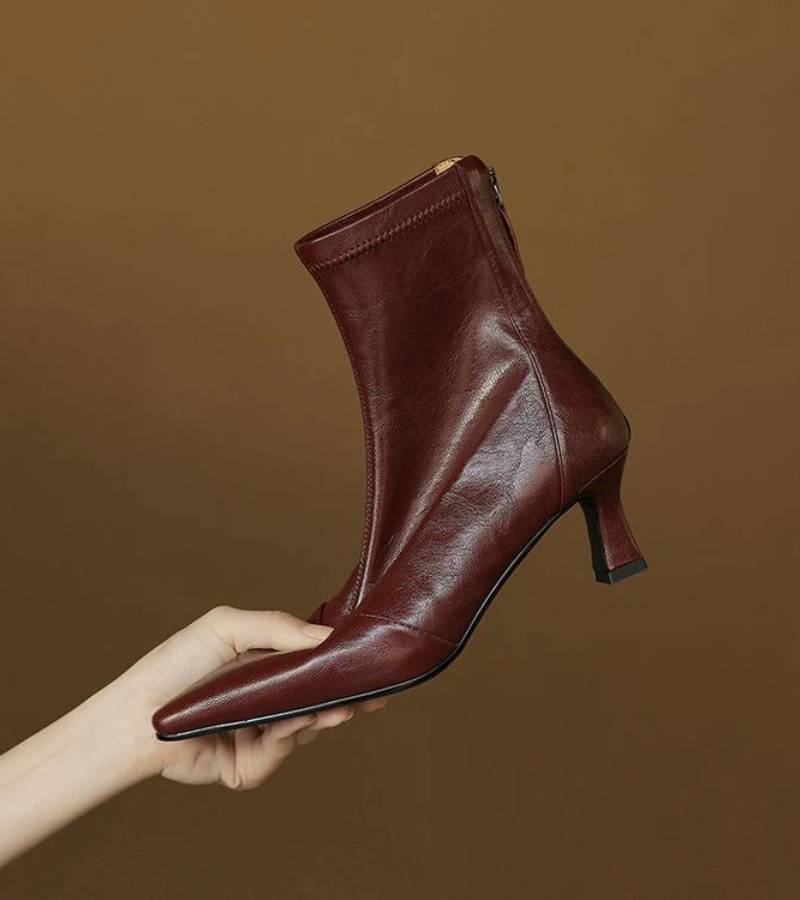 P|H - Elegant Heel Leather Ankle Boots Heather