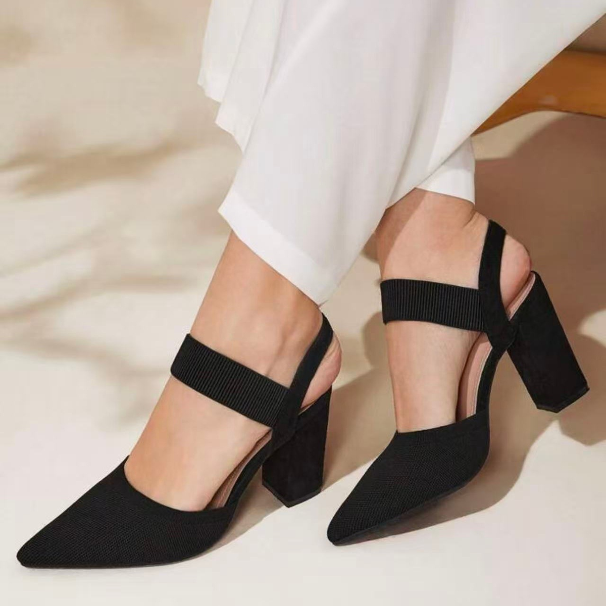P|H - Pointed Elastic-Strap Block Heels for Women Ruth