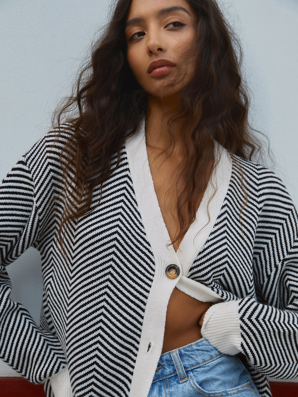 P|H - Chevron Contrast Trim Cardigan Carol