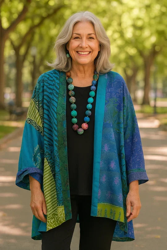 P|H - Open-Front Patchwork Kimono Cardigan Sharon