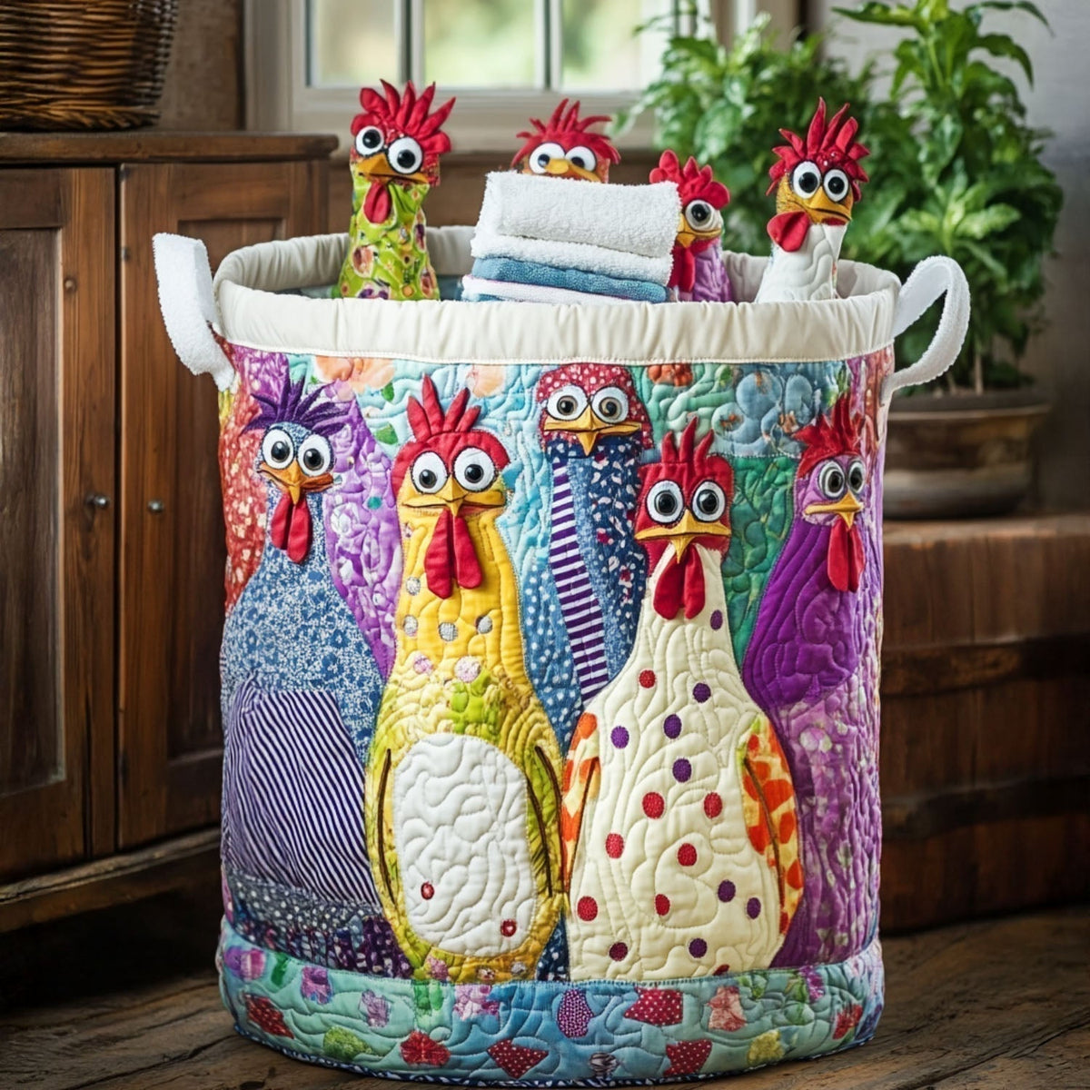 P|H - Country Hens Quilted Laundry Basket Diane