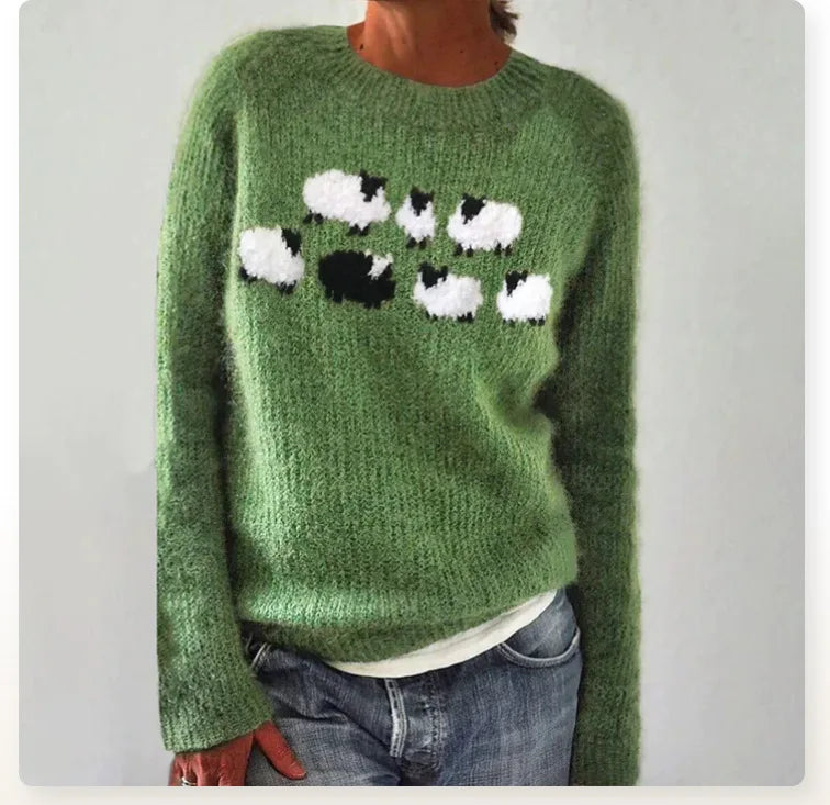 P|H - Green Sheep Motif Knit Sweater Helen