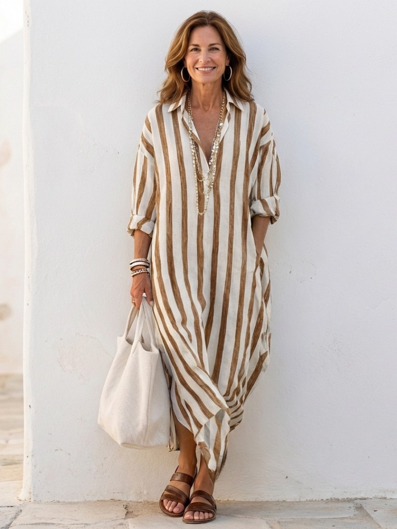 P|H - Long Sleeve Striped Midi Shirt Dress Naomi