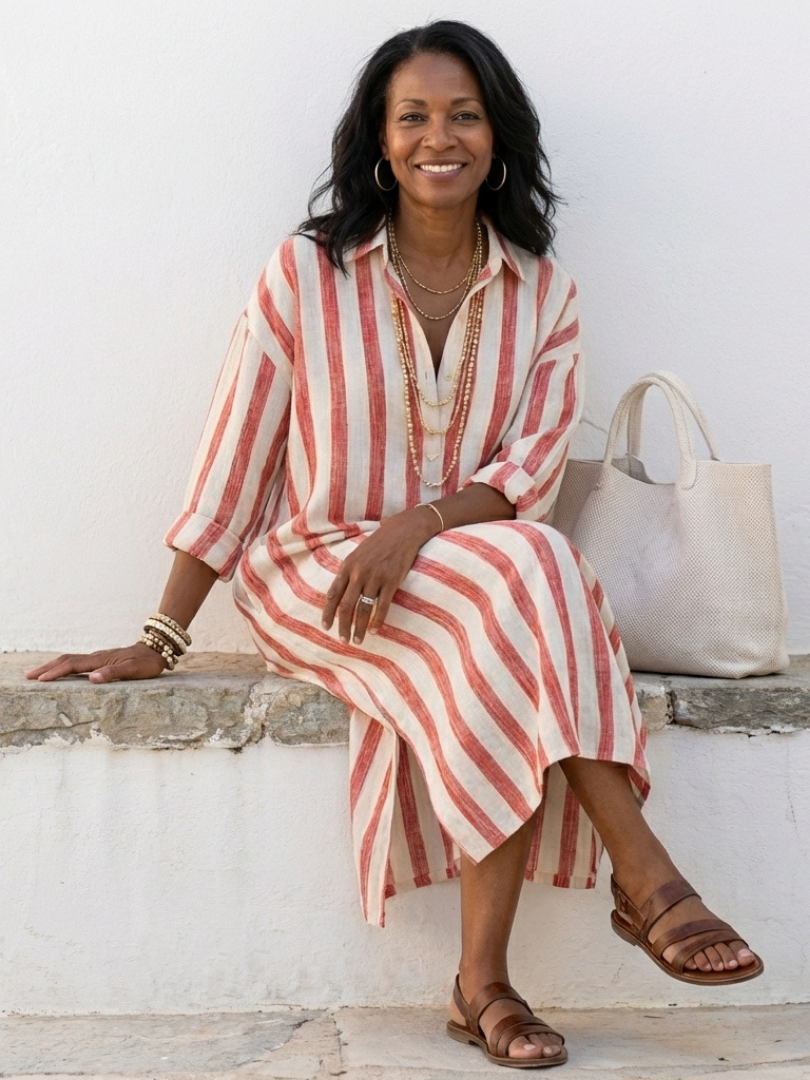 P|H - Long Sleeve Striped Midi Shirt Dress Naomi