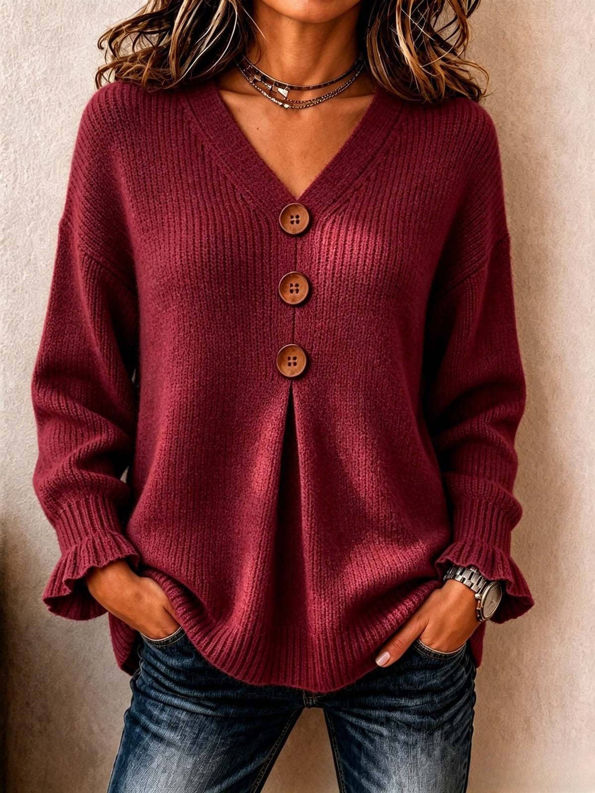 P|H - Buttoned V-Neck Knit Sweater Dorothy
