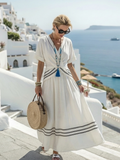 P|H - Short Sleeve V-Neck Wrap Style Striped Midi Dress Seren