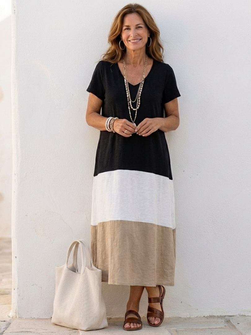 P|H - Short Sleeve Color Block V-Neck Midi Dress Thalia