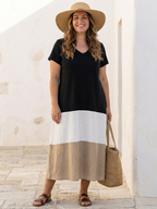 P|H - Short Sleeve Color Block V-Neck Midi Dress Thalia