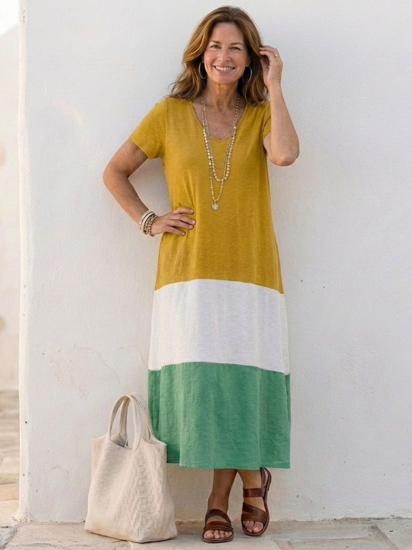 P|H - Short Sleeve Color Block V-Neck Midi Dress Thalia