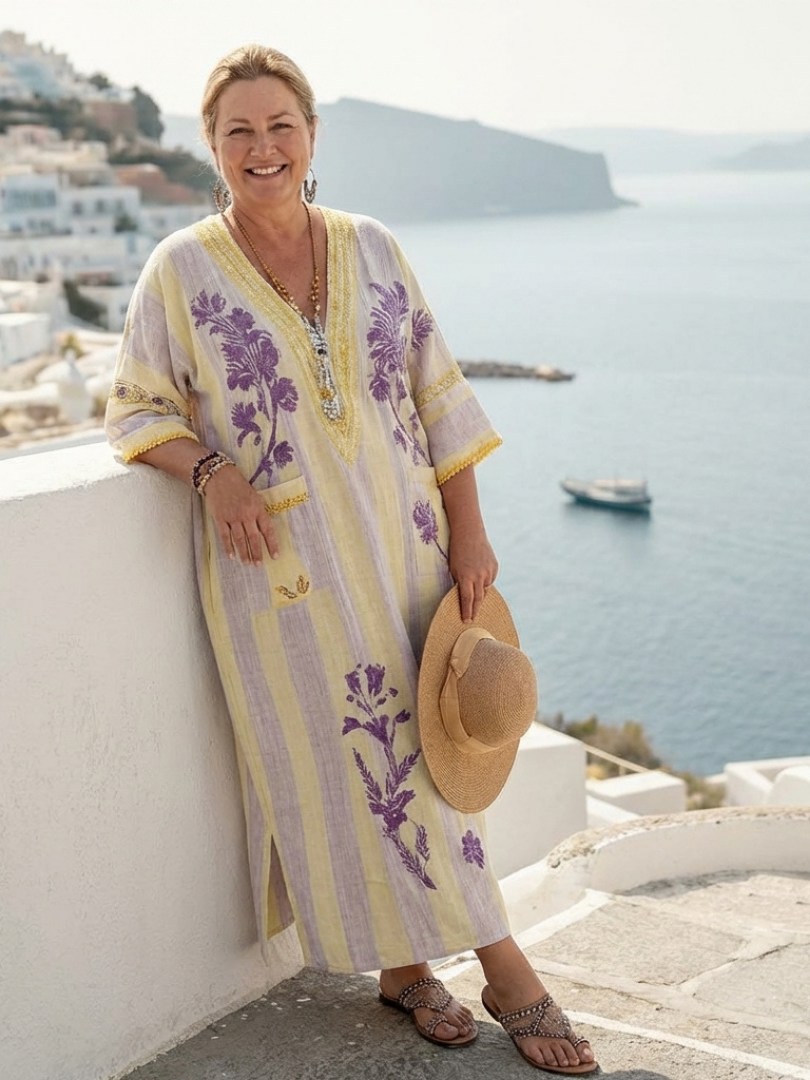 P|H - Floral Striped Three-Quarter Sleeve Maxi Dress Aurelia