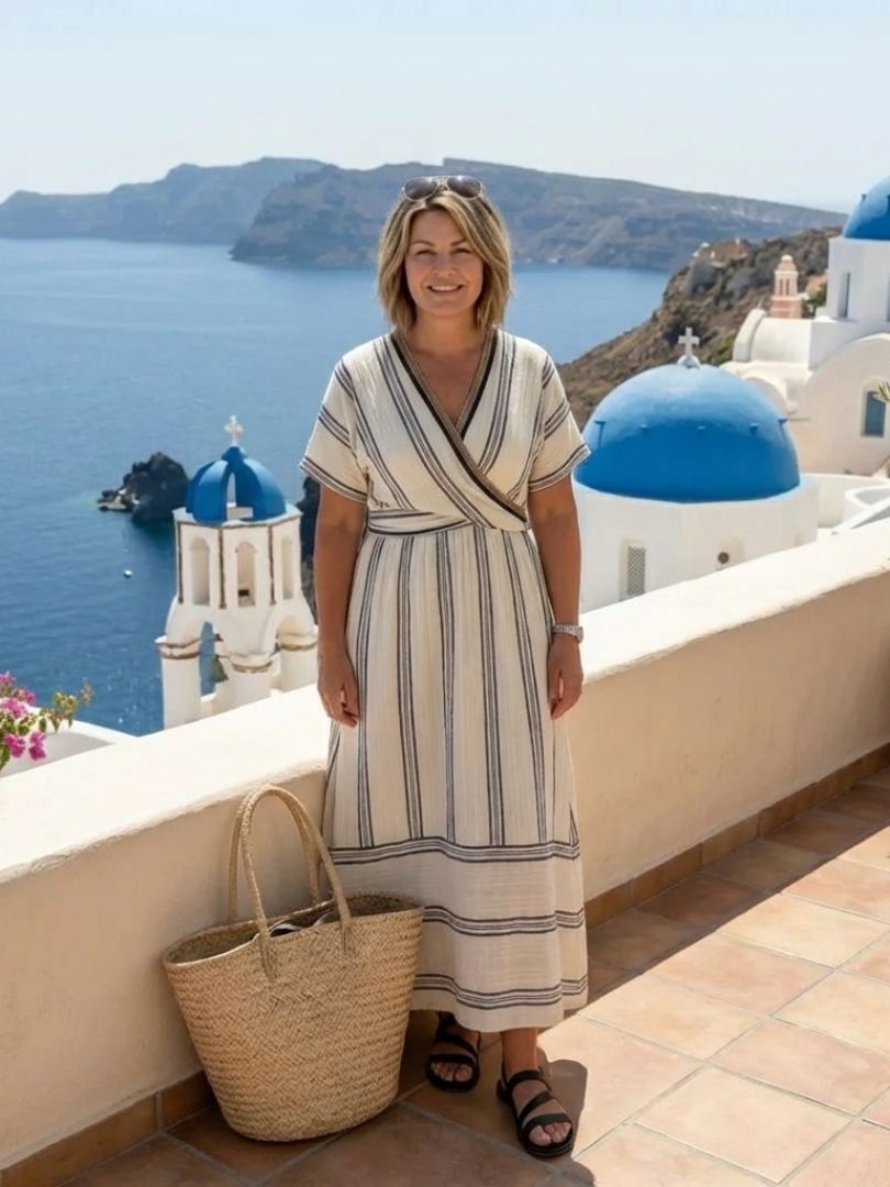 P|H - Short Sleeve V-Neck Striped Midi Dress Thalassa