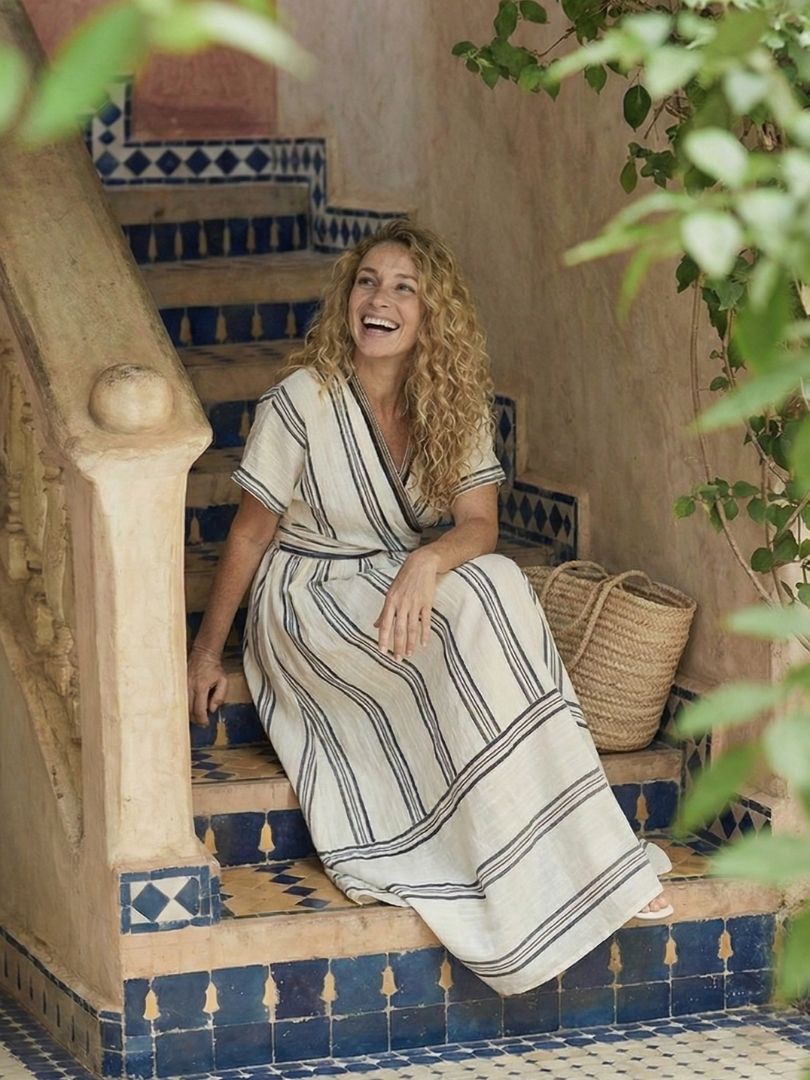 P|H - Short Sleeve V-Neck Striped Midi Dress Thalassa