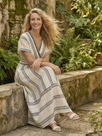 P|H - Short Sleeve V-Neck Striped Midi Dress Thalassa