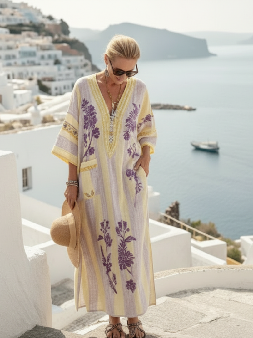 P|H - Floral Striped Three-Quarter Sleeve Maxi Dress Aurelia
