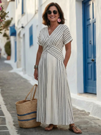 P|H - Short Sleeve V-Neck Striped Midi Dress Cressida