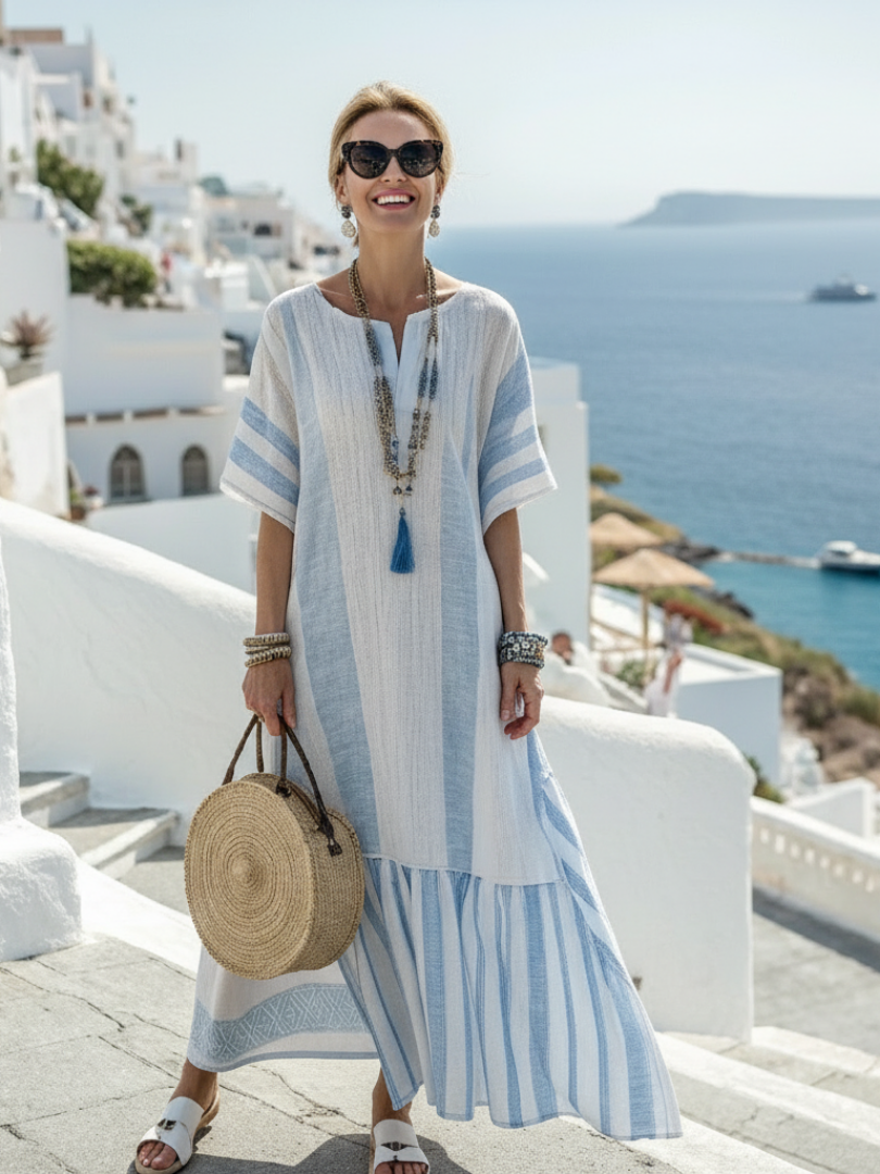 P|H - Sky Blue Striped Short Sleeve Maxi Dress Ione