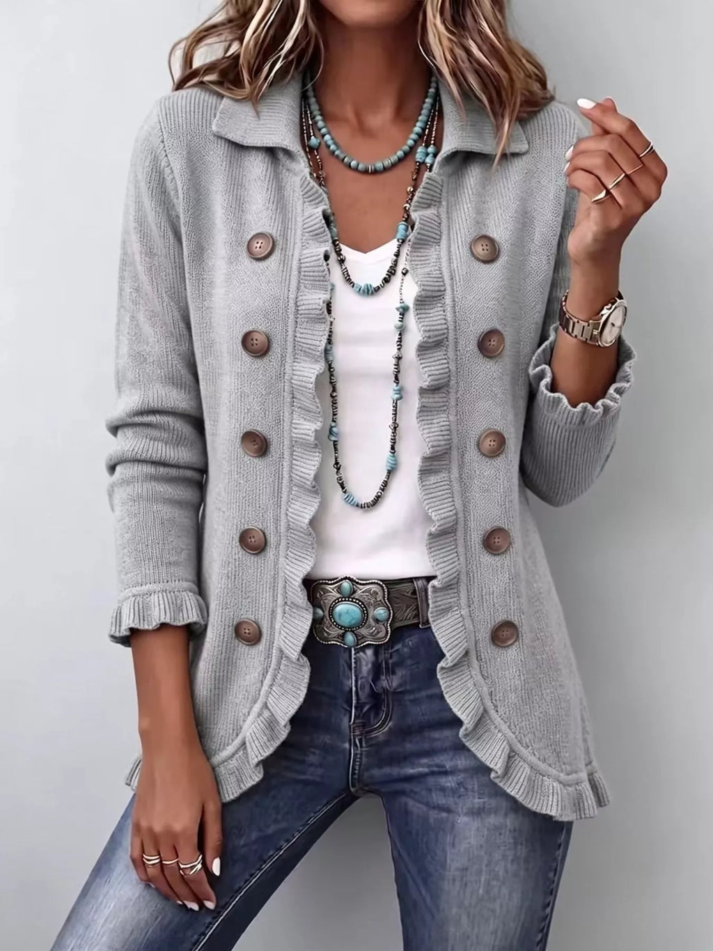 P|H - Ruffle Trim Button Cardigan for Women Gloria