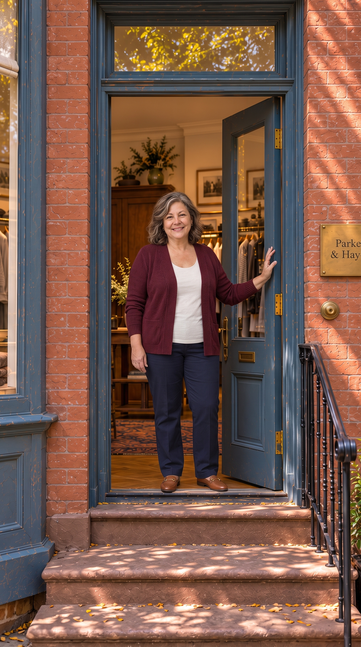 Eleanor in a burgundy cardigan in the furnished bay window