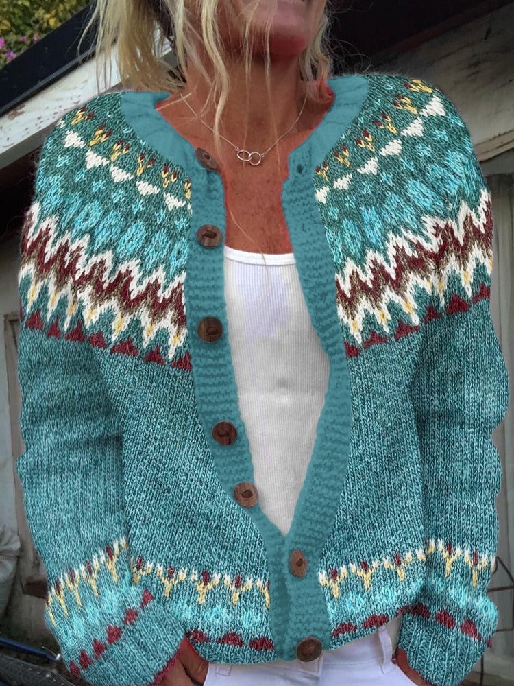 P|H - Teal Burgundy Fair Isle Cardigan Carol