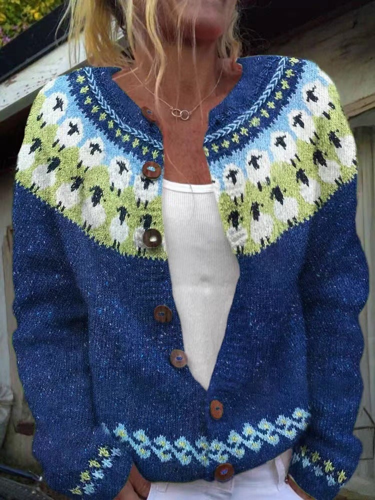 P|H - Blue Sheep Motif Yoke Cardigan Ruth