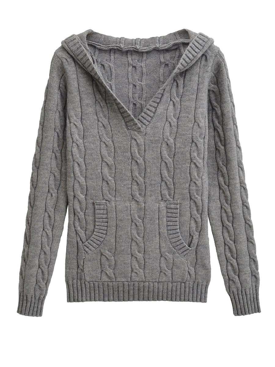 P|H - Hooded Cable-Knit V-Neck Sweater Theresa