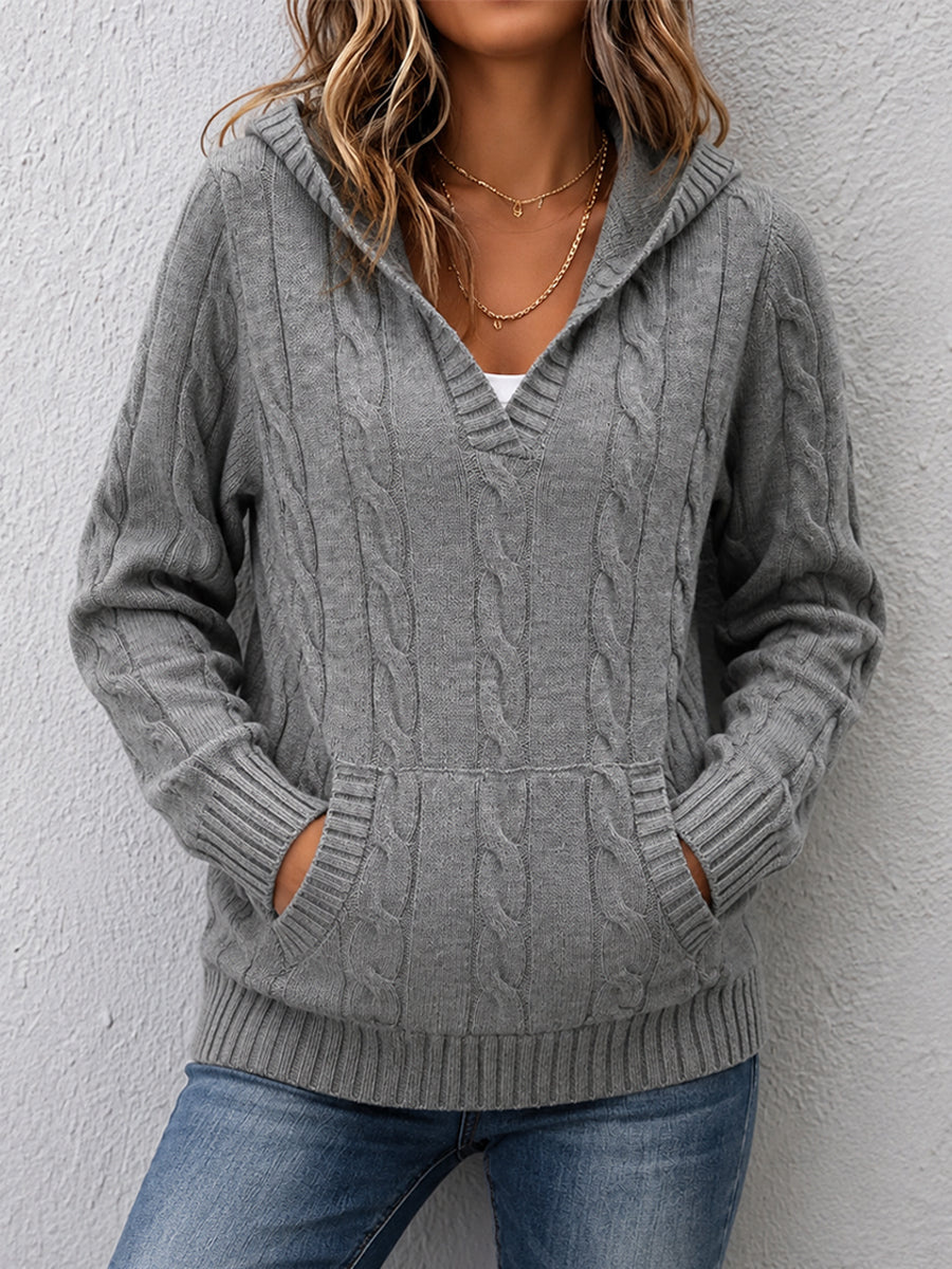 P|H - Hooded Cable-Knit V-Neck Sweater Theresa