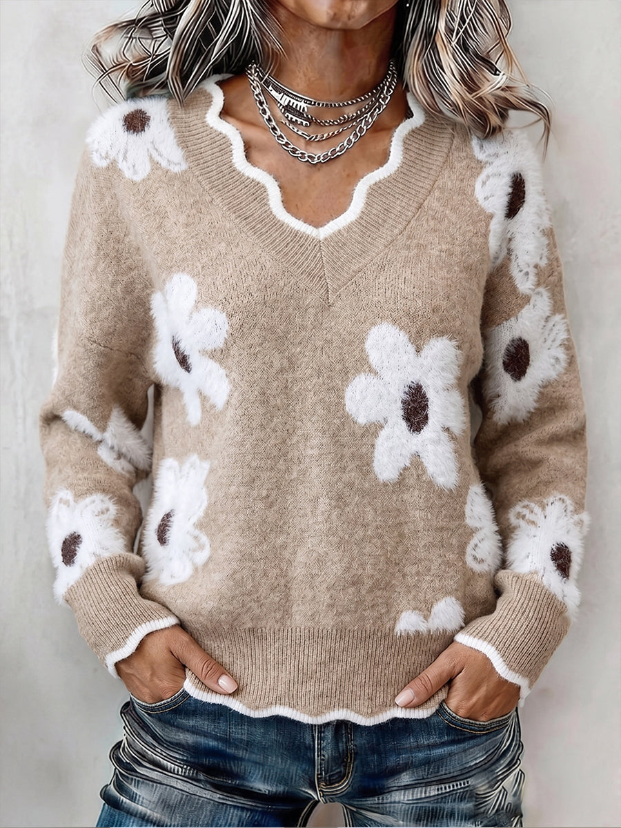 P|H - Floral Scalloped V-Neck Sweater Janet