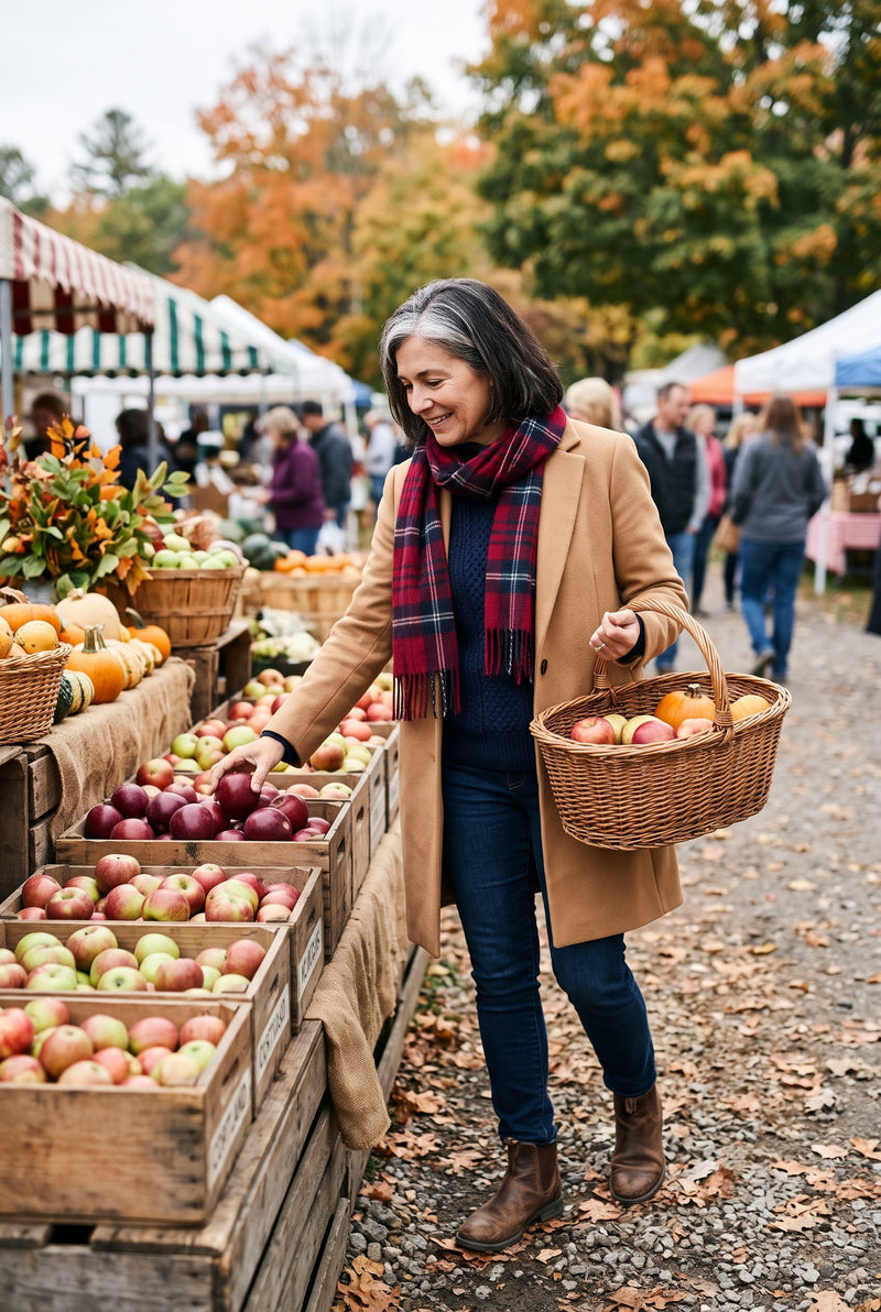 A woman in a camel coat and plaid scarf choosing apples at an autumn market