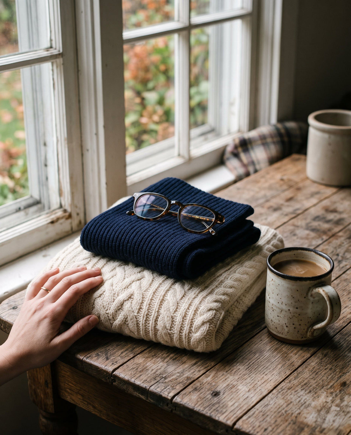 A folded cream cable-knit sweater and a navy knit on a wooden table by a window