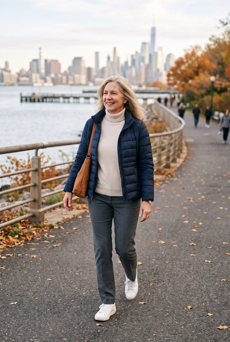 A woman in a navy quilted jacket walking along the river with the city skyline behind her