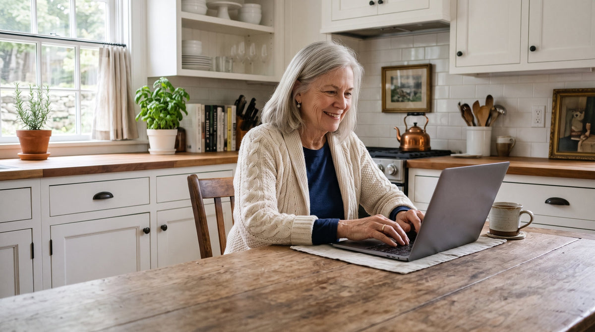 A woman smiling as she types a message on a laptop at her kitchen table