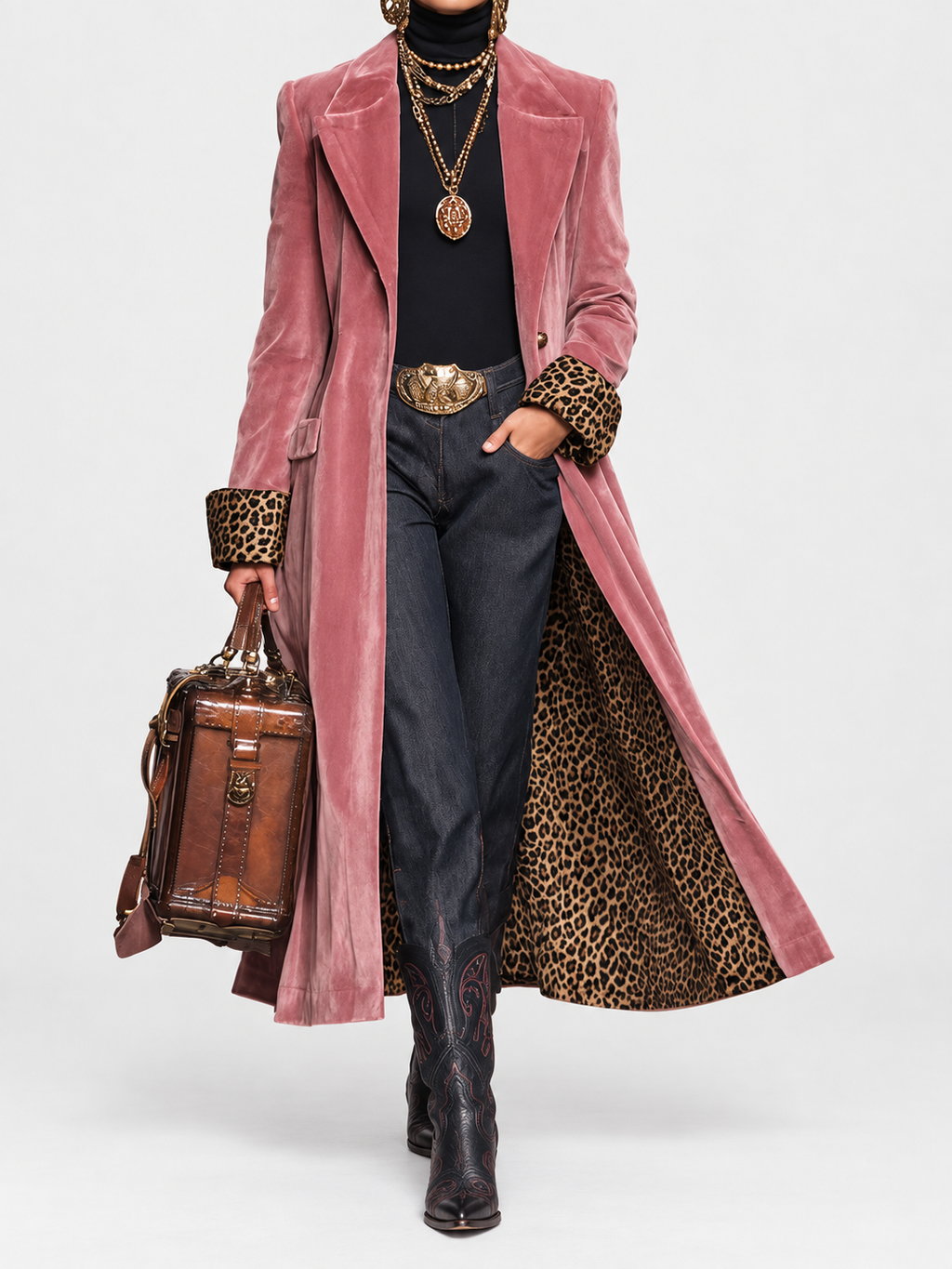 P|H - Leopard Lined Longline Coat for Women Janet