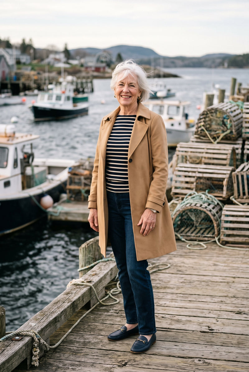 A woman in a striped top and camel coat on a wooden dock in a small harbor