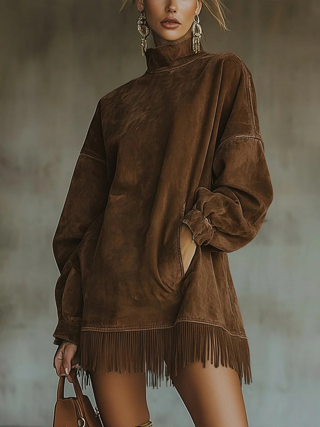 P|H - Oversized Fringe Turtleneck Dress for Women Dorothy